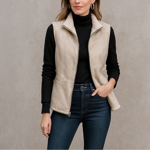 Chico's Sherpa Faux Suede Ecru Vest Zip Front Pockets 2 L/ 12-14 - Picture 1 of 8